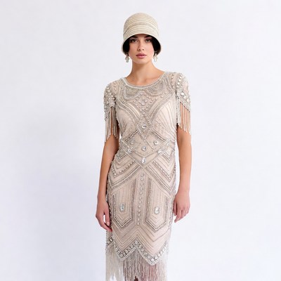 Woman in Beaded Flapper Dress and Cloche Hat