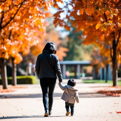 Asian mother holding child's hand in autumn park