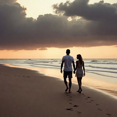 Couple walking hand-in-hand on beach sunset