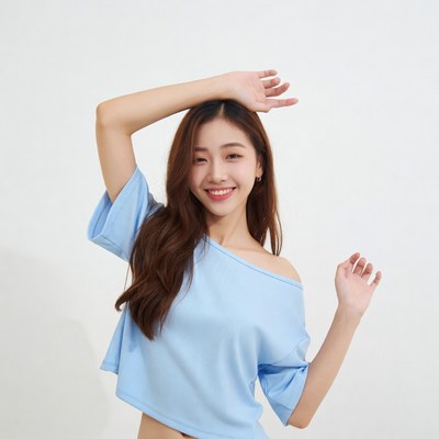 Asian woman dancing in blue off-shoulder top