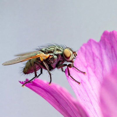 Fly on pink flower petal