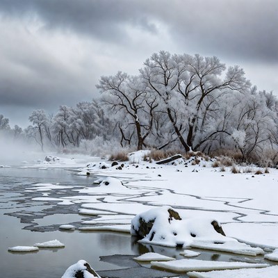 Winter River with Frosted Trees