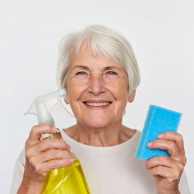 Elderly woman holding spray bottle sponge