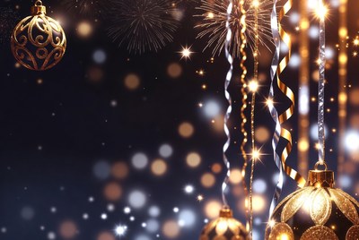 Golden Christmas Ornaments with Fireworks