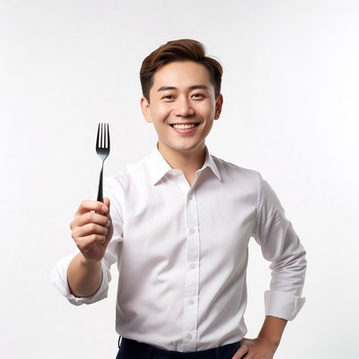 Asian man holding fork