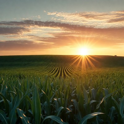 Sunset over Cornfield with Sun Rays
