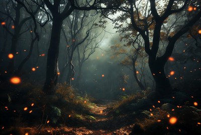 Enchanted Forest Path with Glowing Orbs