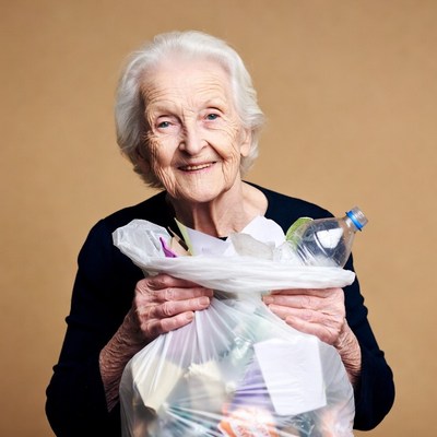 Elderly woman holding trash bag