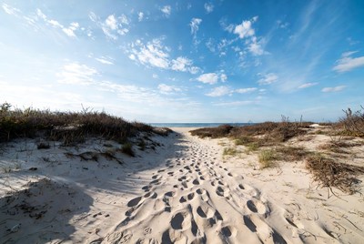 Footprints path on sandy beach