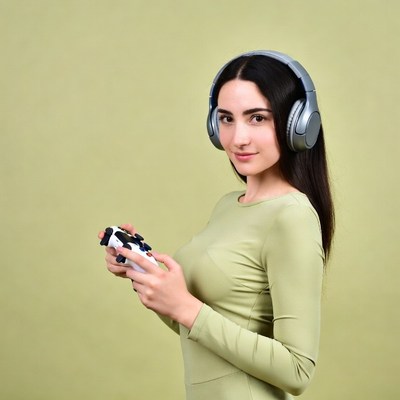 Woman gaming with headphones and controller