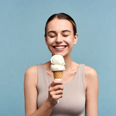Woman eating vanilla ice cream cone