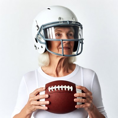 Senior woman holding football in helmet