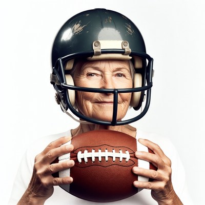 Elderly woman holding football helmet