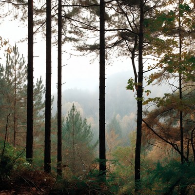 Foggy Pine Forest with Autumn Trees