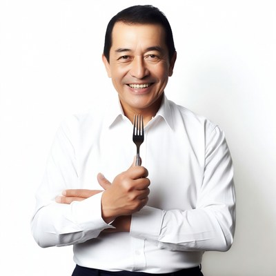Man holding fork with arms crossed