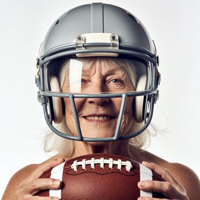 Elderly woman holding football in helmet