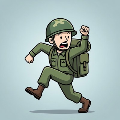 Cartoon soldier running with backpack