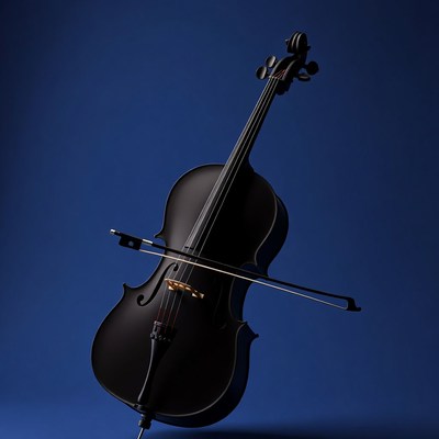 Black cello with bow on blue background