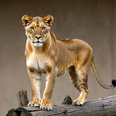 Lioness standing on log