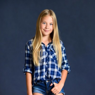 Blonde girl in plaid shirt and shorts