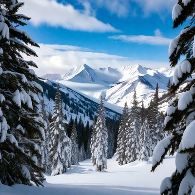 Snowy Mountains Framed by Pine Trees