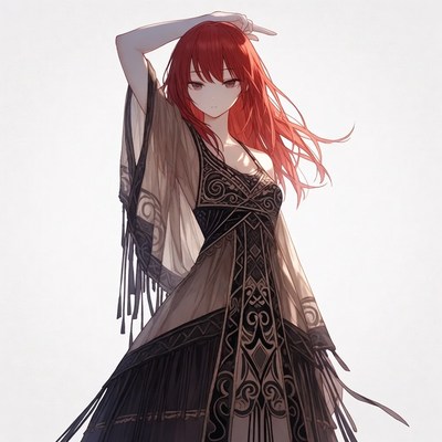 Anime girl in black fringed dress