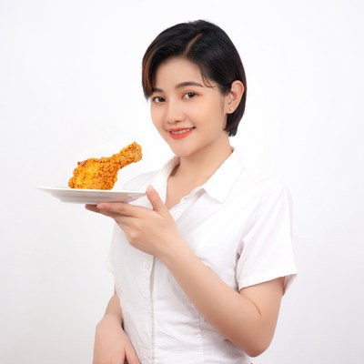 Asian woman holding fried chicken