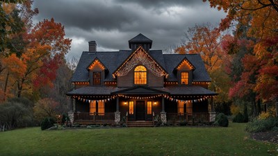 Lit House in Autumn Forest