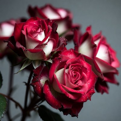 Red and White Roses with Dew