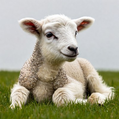 Cute baby lamb lying on grass