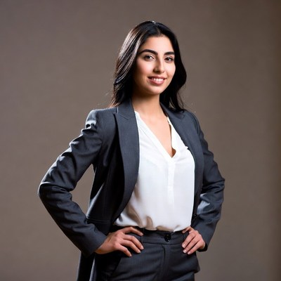 Confident woman in gray suit