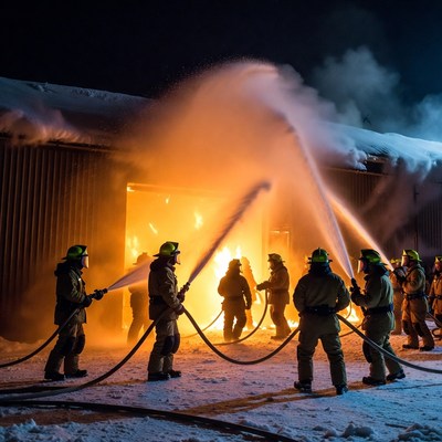 Firefighters battling barn fire at night