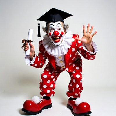 Clown holding graduation diploma