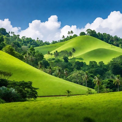 Vibrant Green Rolling Hills with Palm Trees