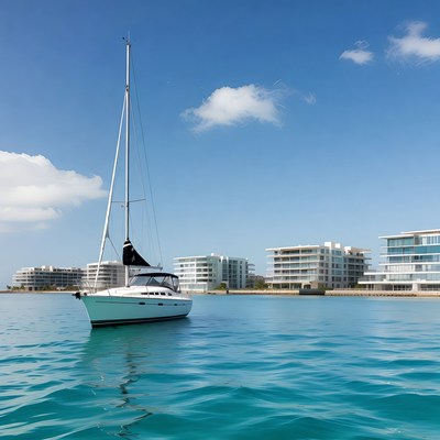 White Sailboat in Turquoise Marina