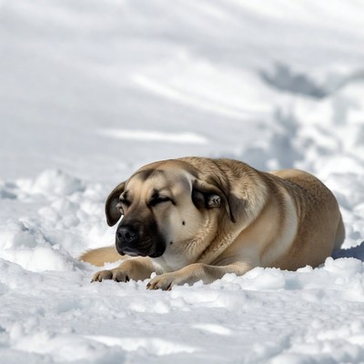 Kangal dog lying in snow