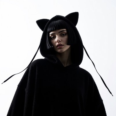 Woman in black cat ear hoodie