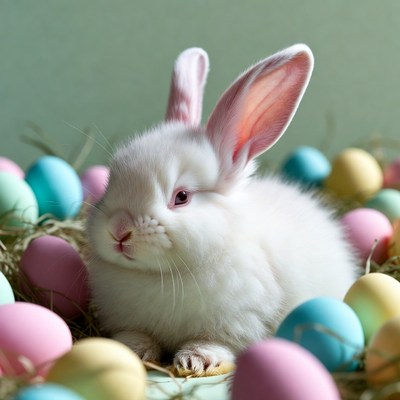 White bunny surrounded by colorful Easter eggs