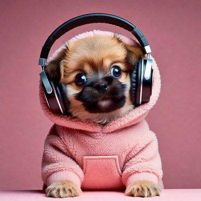 Puppy Wearing Pink Hoodie Headphones