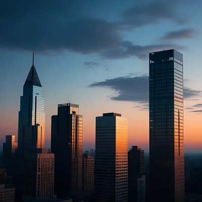 City skyline at sunset