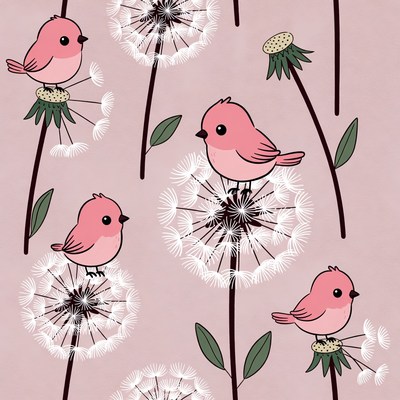 Pink birds on dandelions illustration