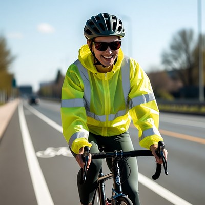 Woman cycling in yellow hi-vis jacket