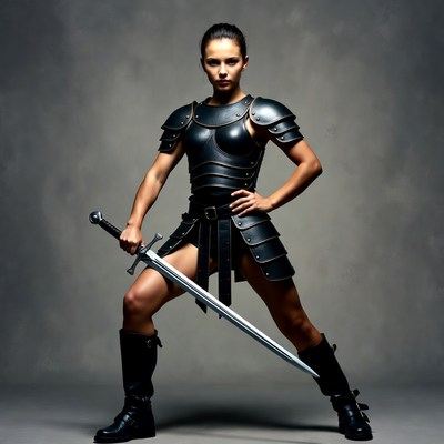 Woman in black armor holding sword
