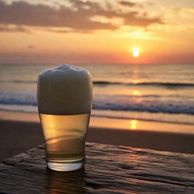 Beer Glass at Beach Sunset