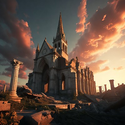 Ruined Gothic Church at Sunset