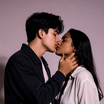 Asian couple kissing passionately