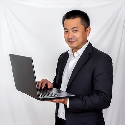 Asian man holding laptop