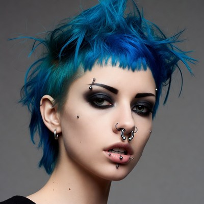 Woman with blue punk hairstyle piercings