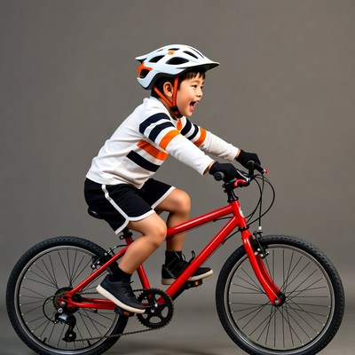 Asian boy riding red bike helmet