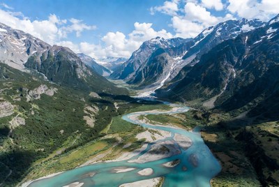 Aerial view of turquoise river in mountains